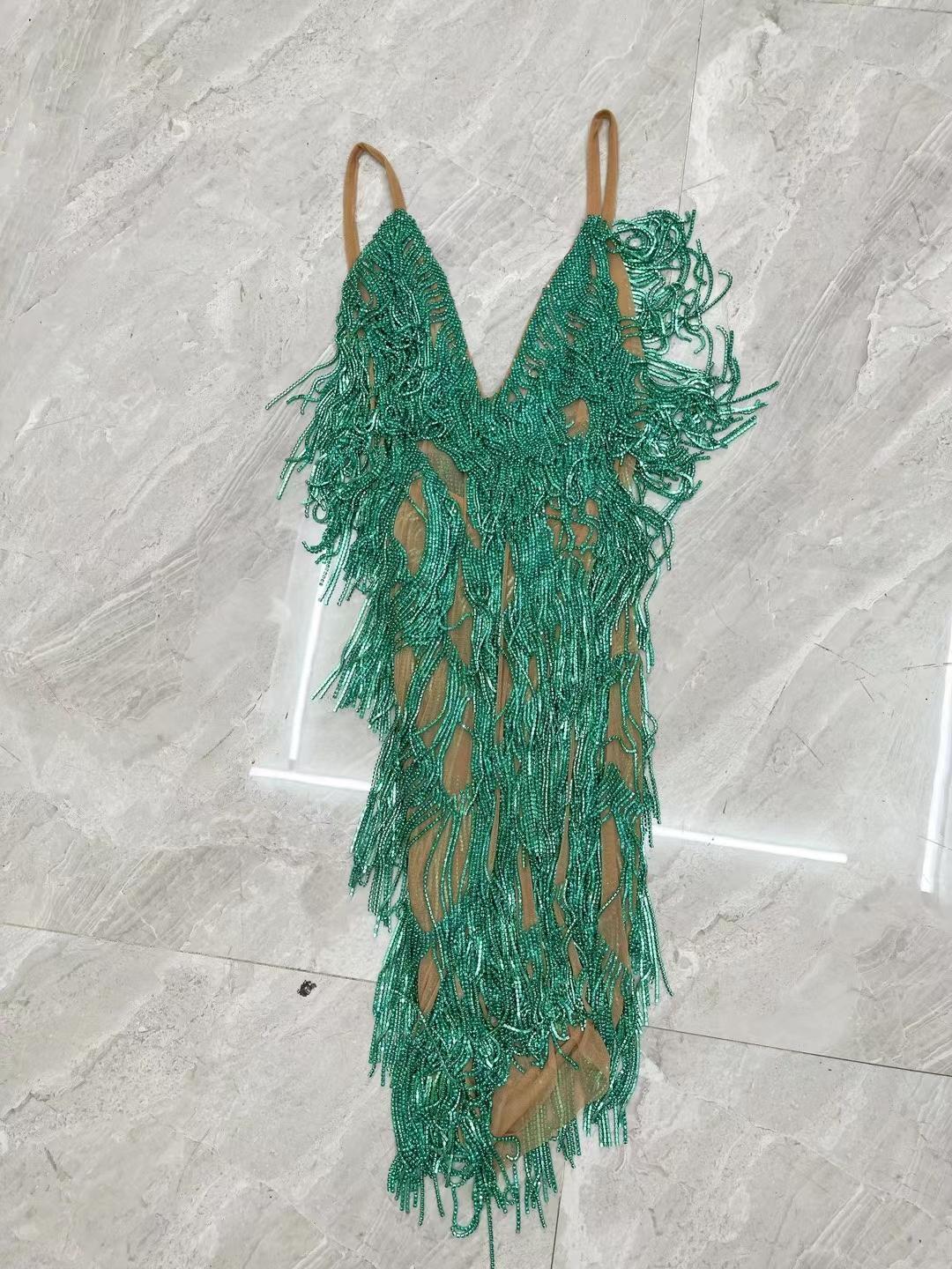 CELESINYI Tiaoyuan Crystal Teal Fringe Mini Dress