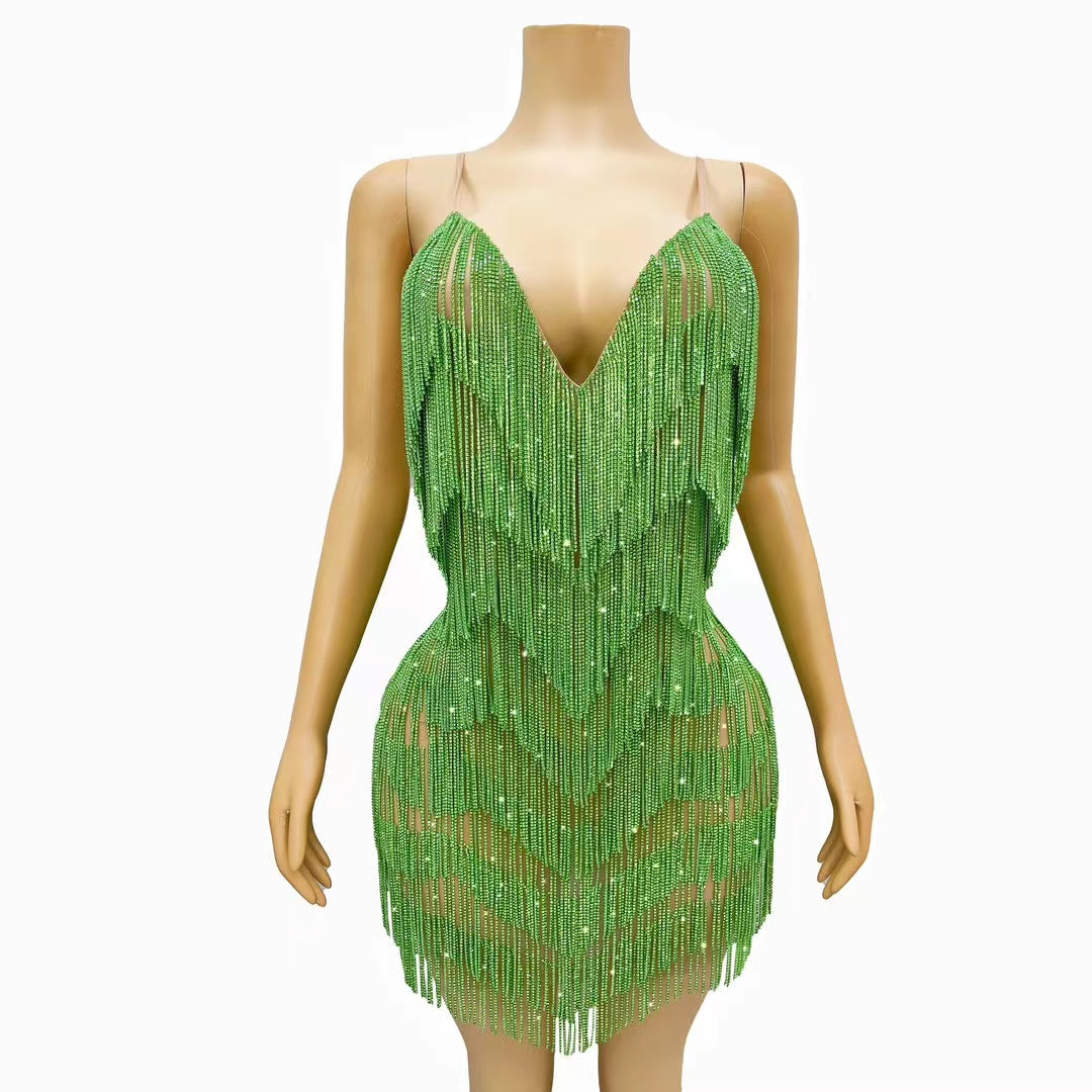 CELESINYI Tiaoyuan Crystal Light Green Fringe Mini Dress
