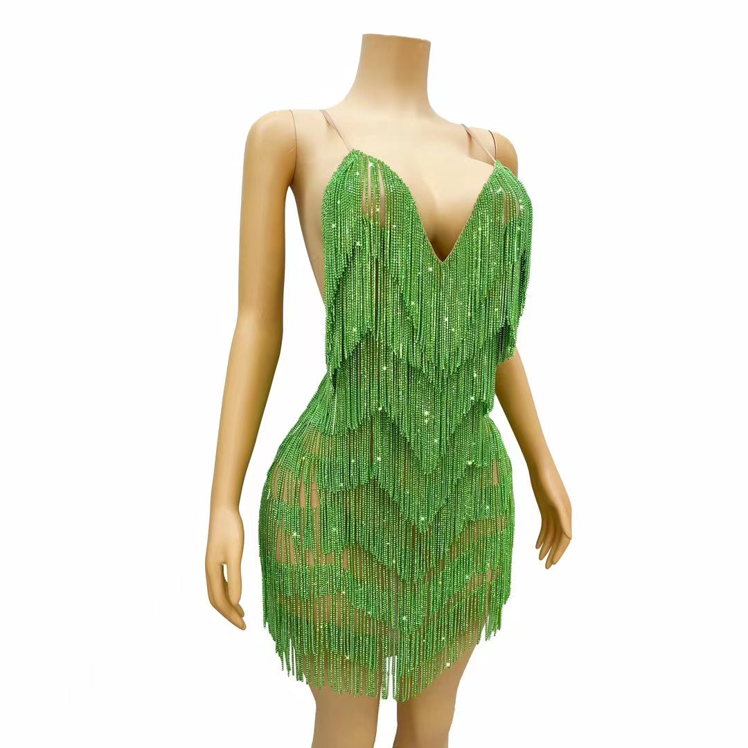 CELESINYI Tiaoyuan Crystal Light Green Fringe Mini Dress
