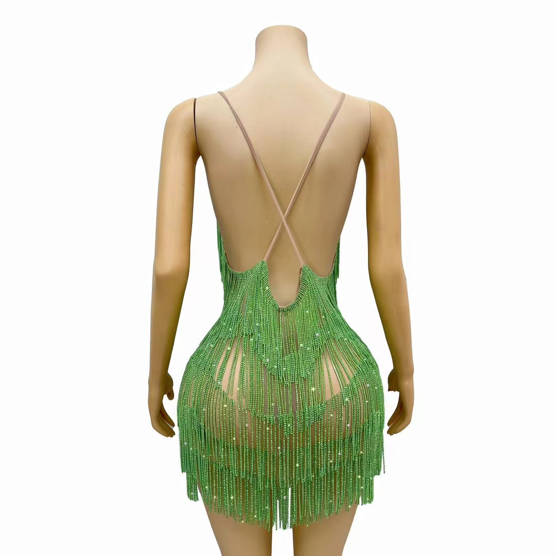CELESINYI Tiaoyuan Crystal Light Green Fringe Mini Dress