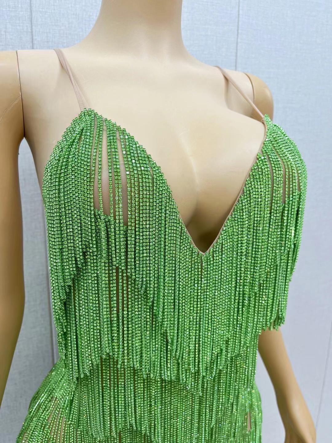 CELESINYI Tiaoyuan Crystal Light Green Fringe Mini Dress