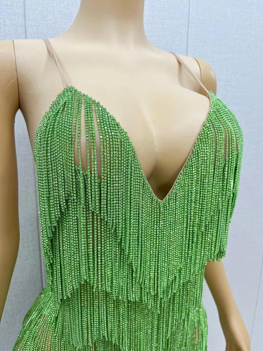 CELESINYI Tiaoyuan Crystal Light Green Fringe Mini Dress