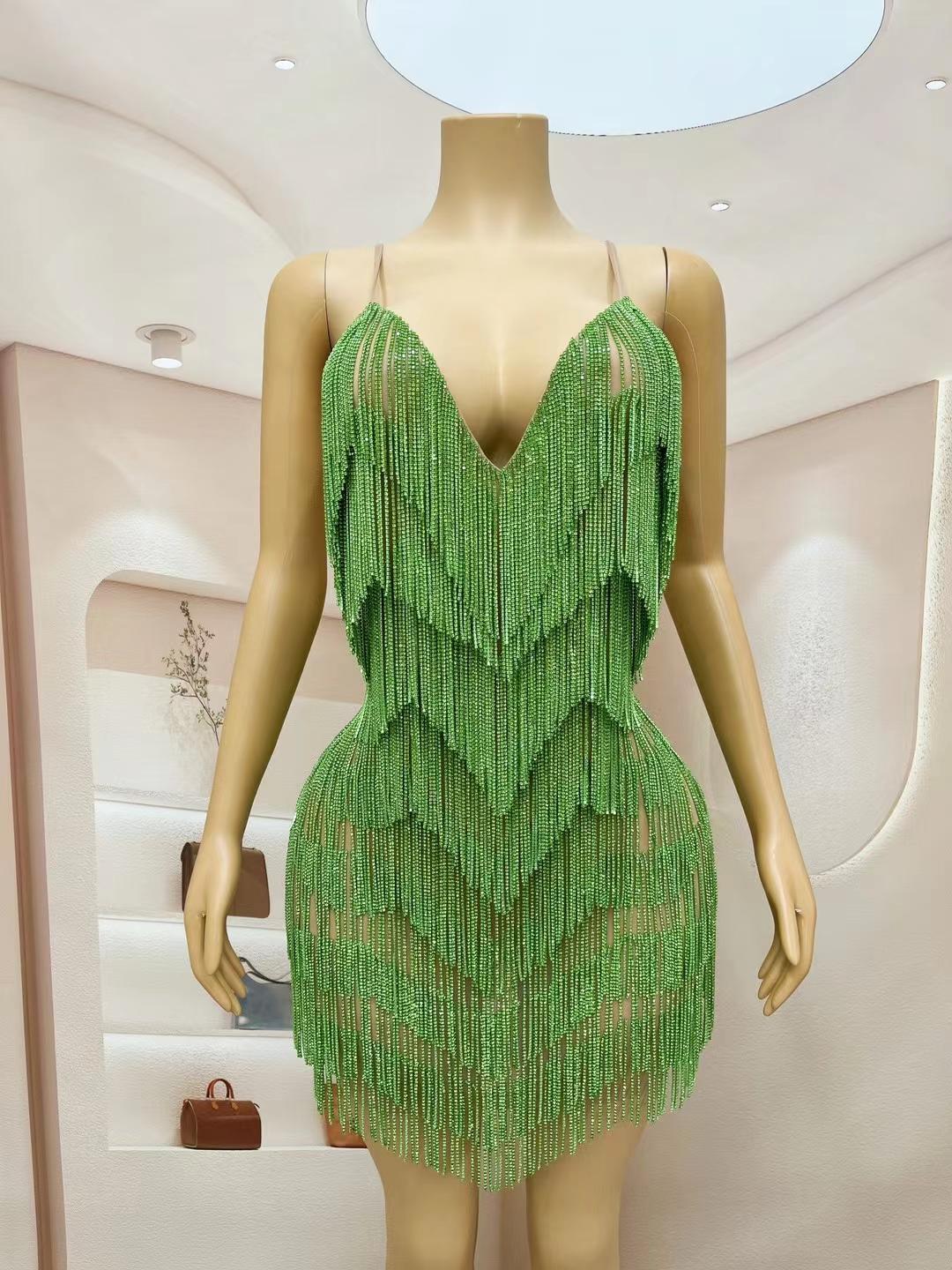 CELESINYI Tiaoyuan Crystal Light Green Fringe Mini Dress
