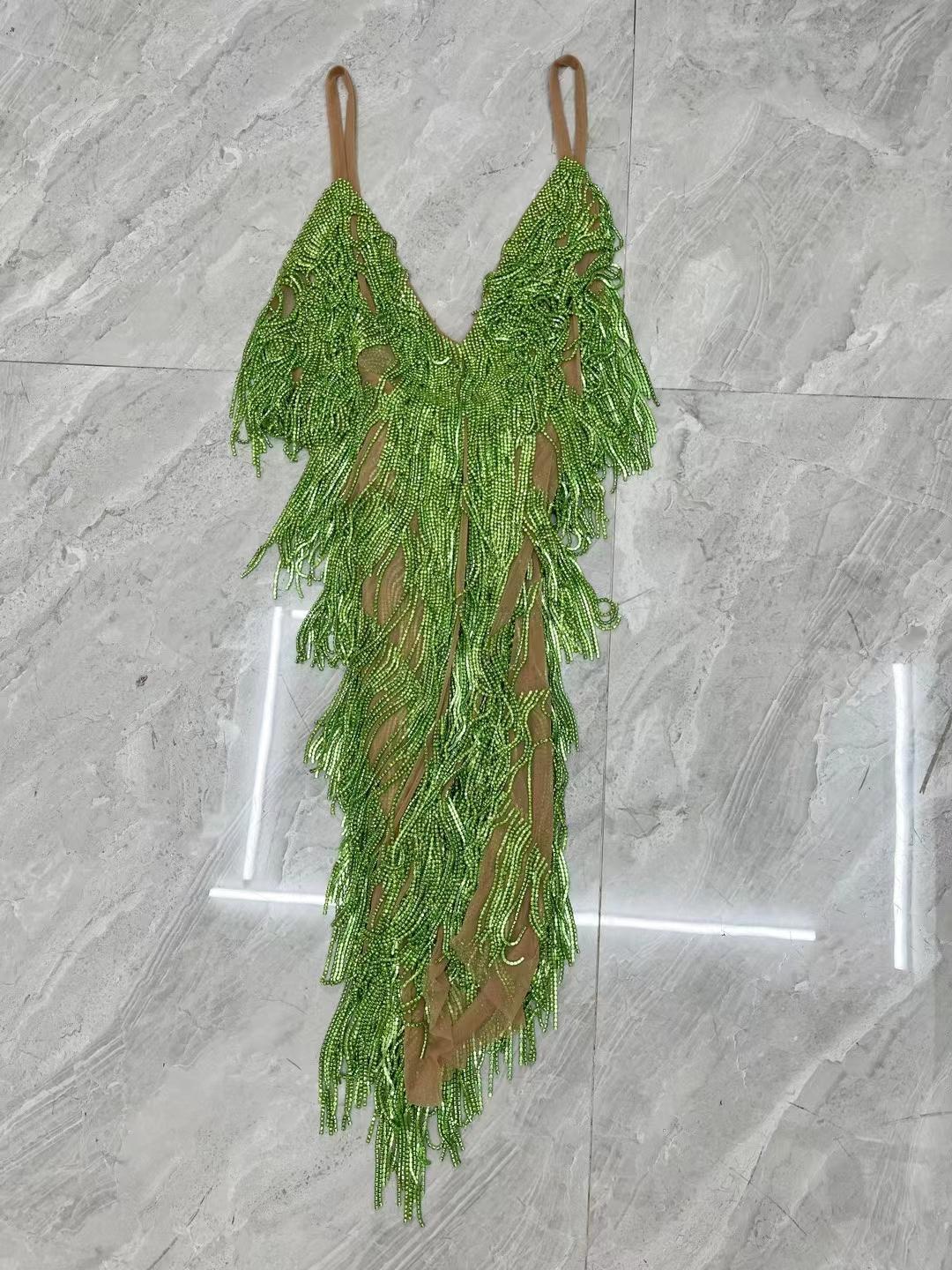 CELESINYI Tiaoyuan Crystal Light Green Fringe Mini Dress