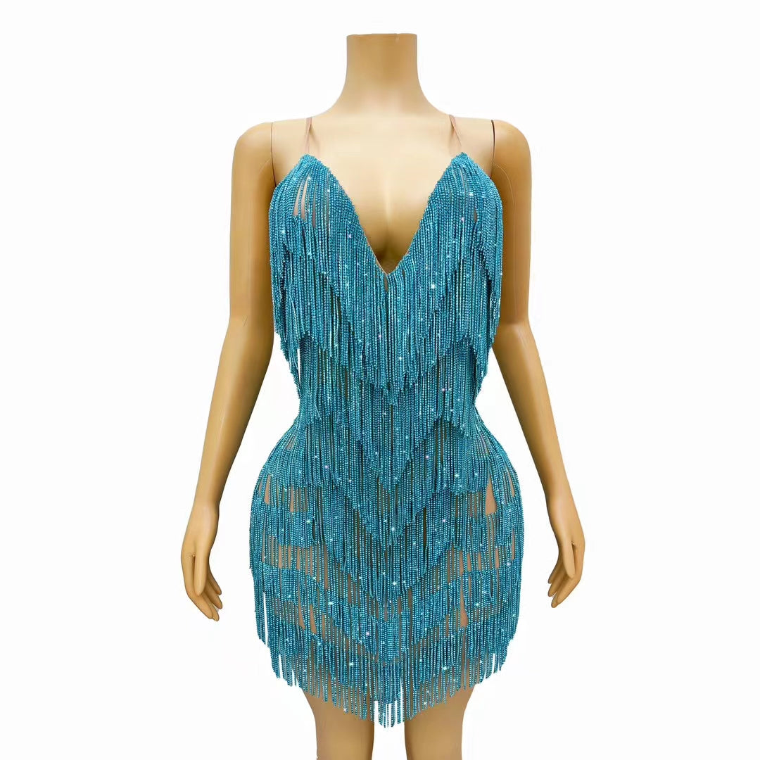 CELESINYI Tiaoyuan Crystal Blue Fringe Mini Dress