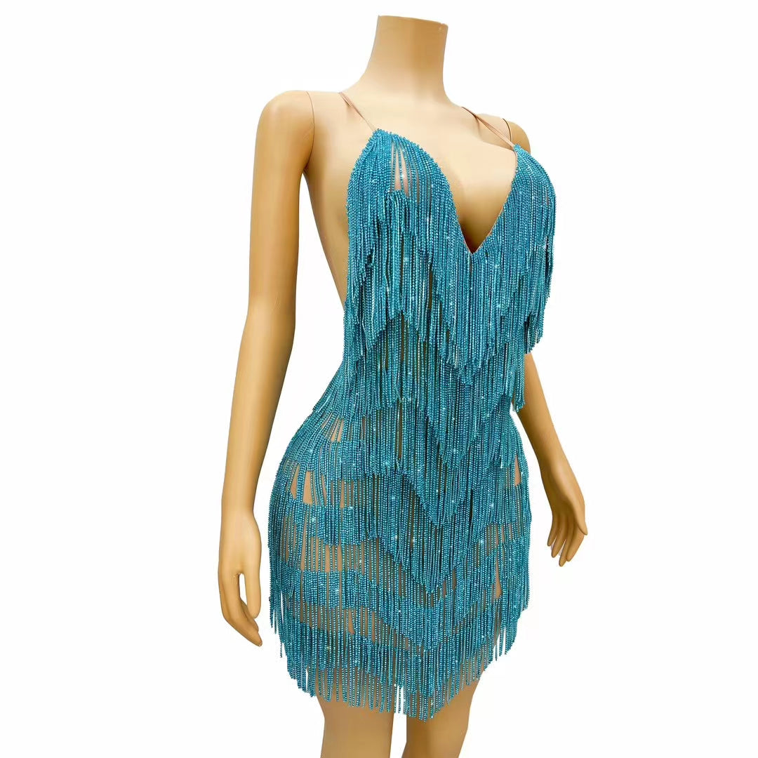 CELESINYI Tiaoyuan Crystal Blue Fringe Mini Dress