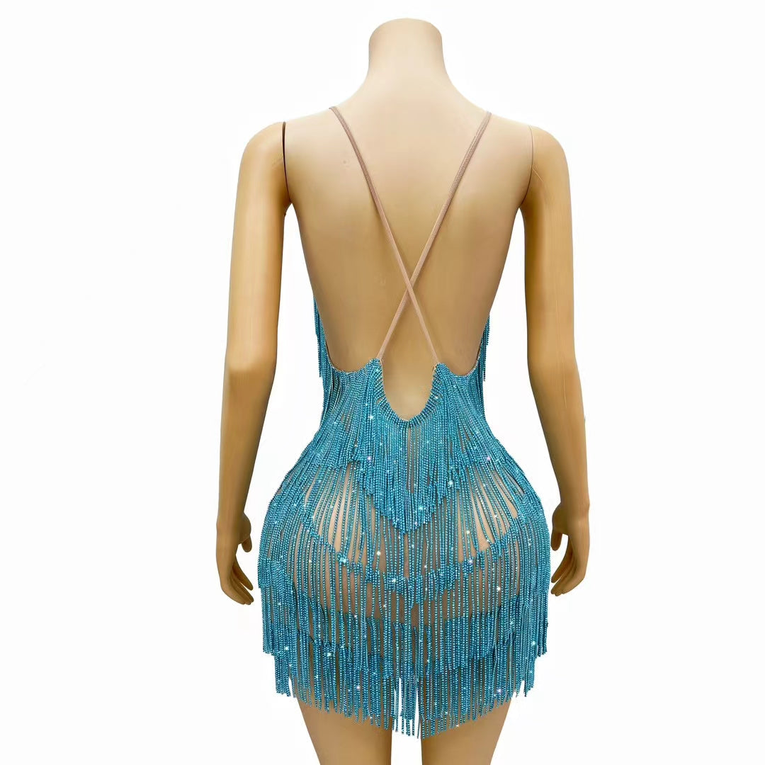 CELESINYI Tiaoyuan Crystal Blue Fringe Mini Dress