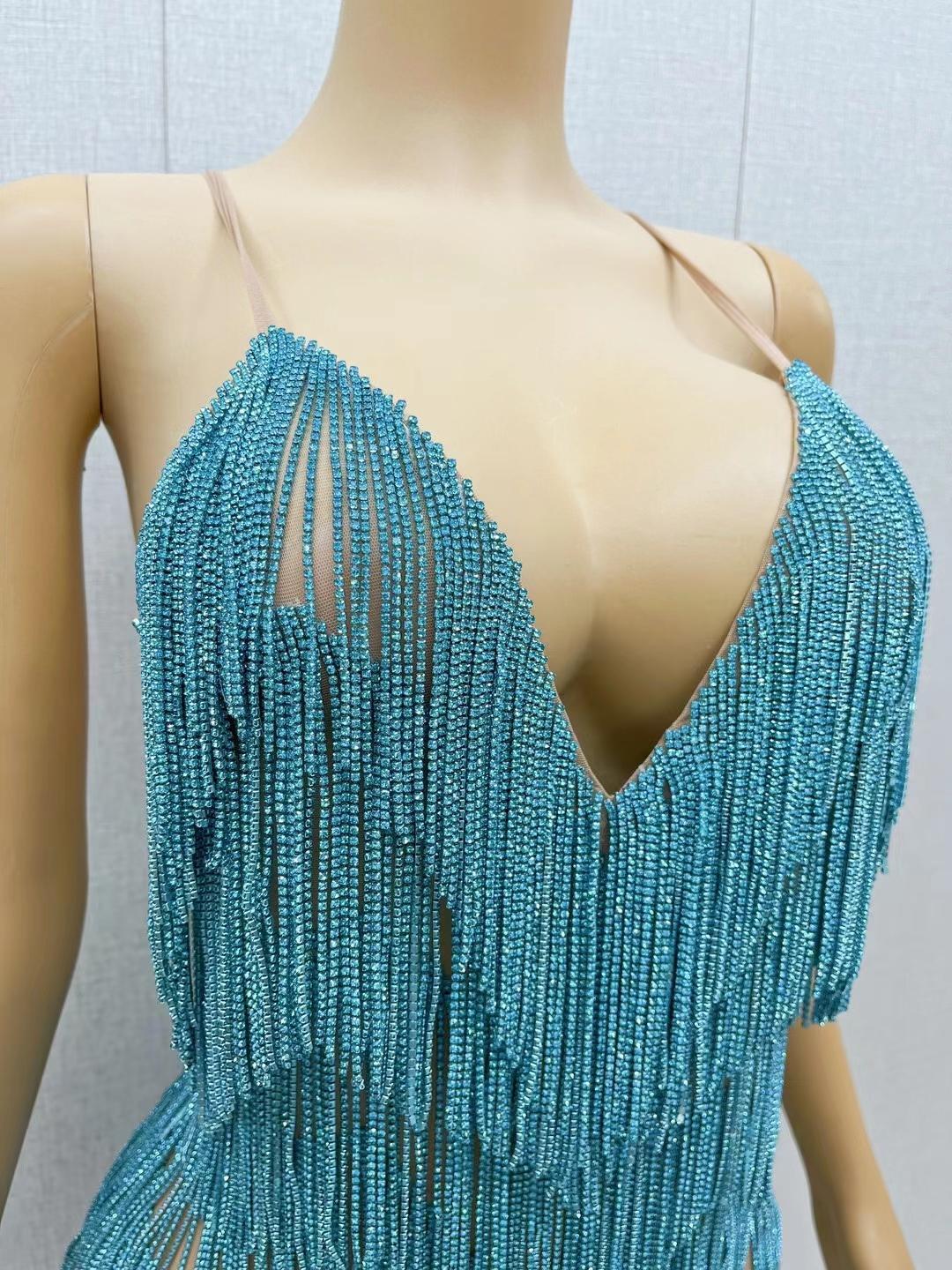 CELESINYI Tiaoyuan Crystal Blue Fringe Mini Dress