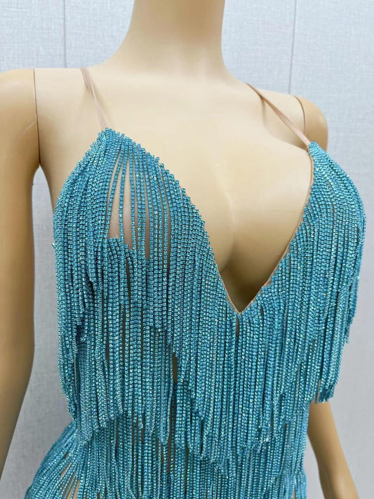 CELESINYI Tiaoyuan Crystal Blue Fringe Mini Dress