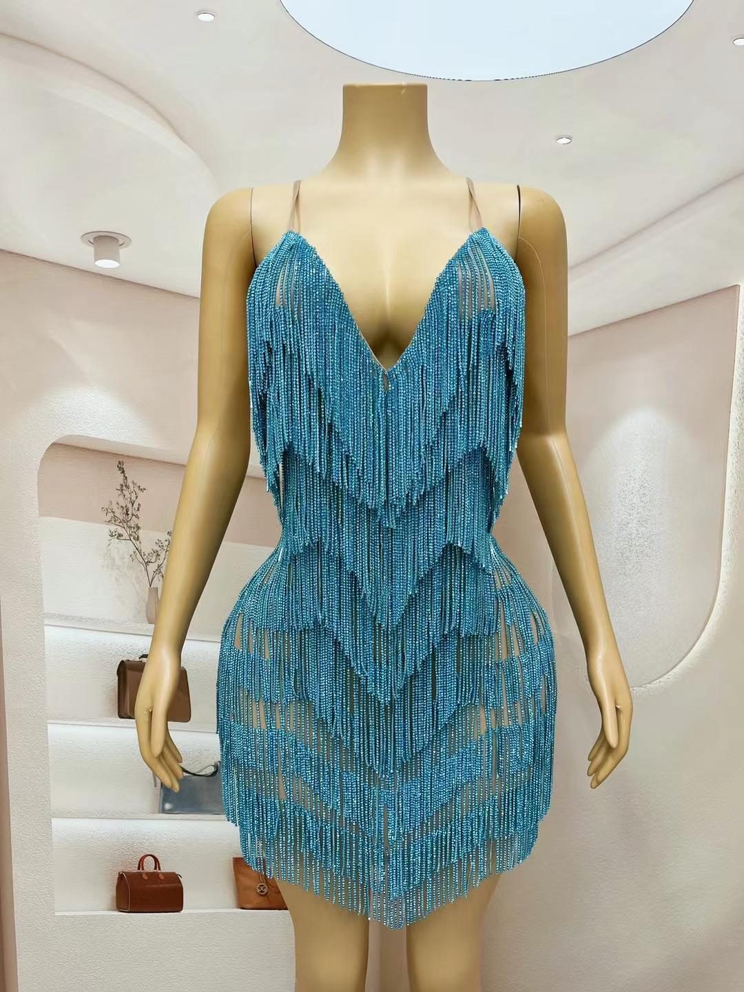 CELESINYI Tiaoyuan Crystal Blue Fringe Mini Dress