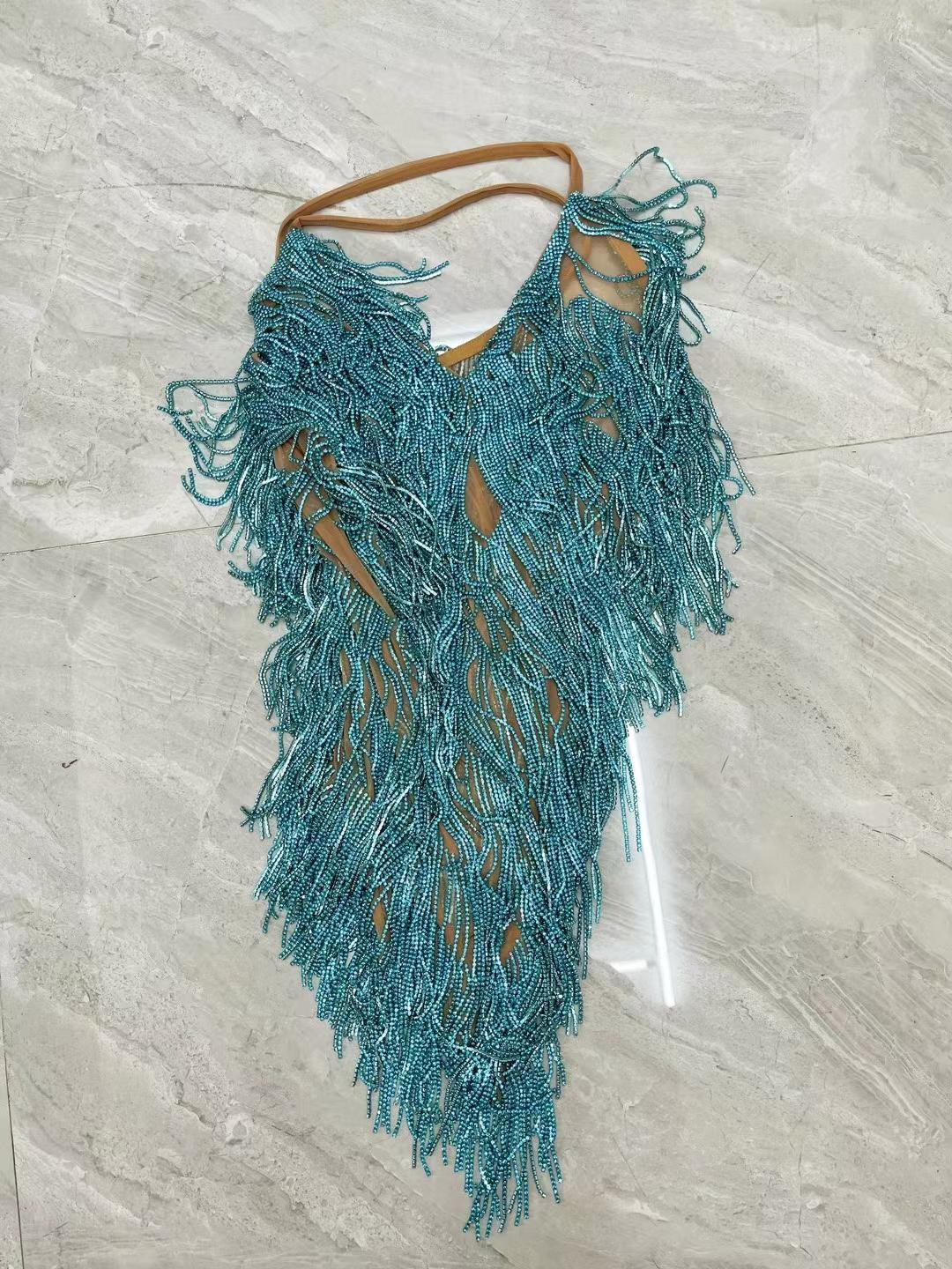 CELESINYI Tiaoyuan Crystal Blue Fringe Mini Dress