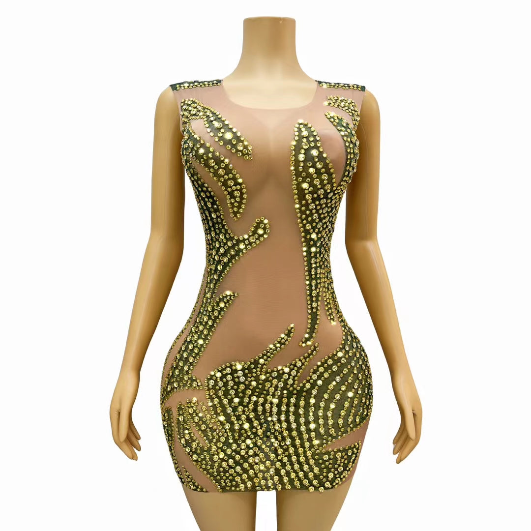 CELESINYI Lvyi Crystal Gold Flame Mini Dress