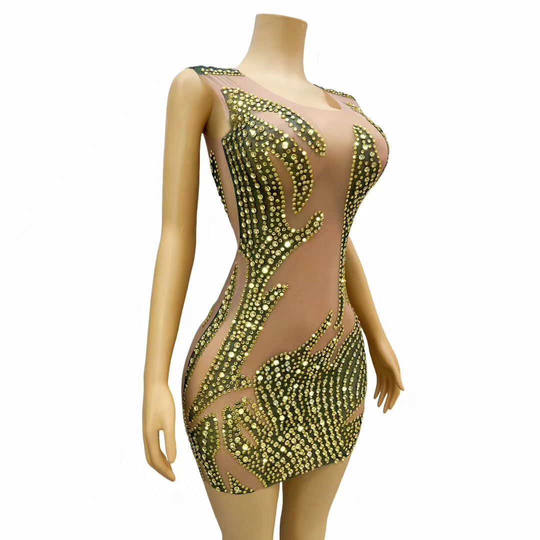 CELESINYI Lvyi Crystal Gold Flame Mini Dress