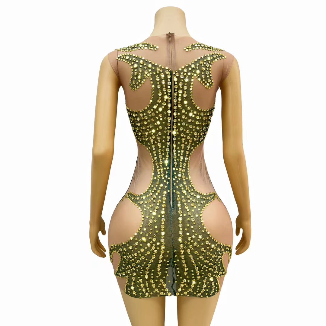 CELESINYI Lvyi Crystal Gold Flame Mini Dress