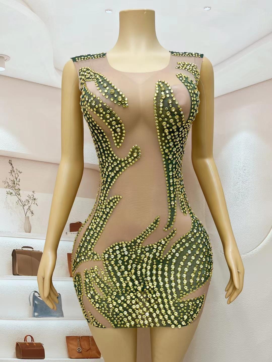 CELESINYI Lvyi Crystal Gold Flame Mini Dress