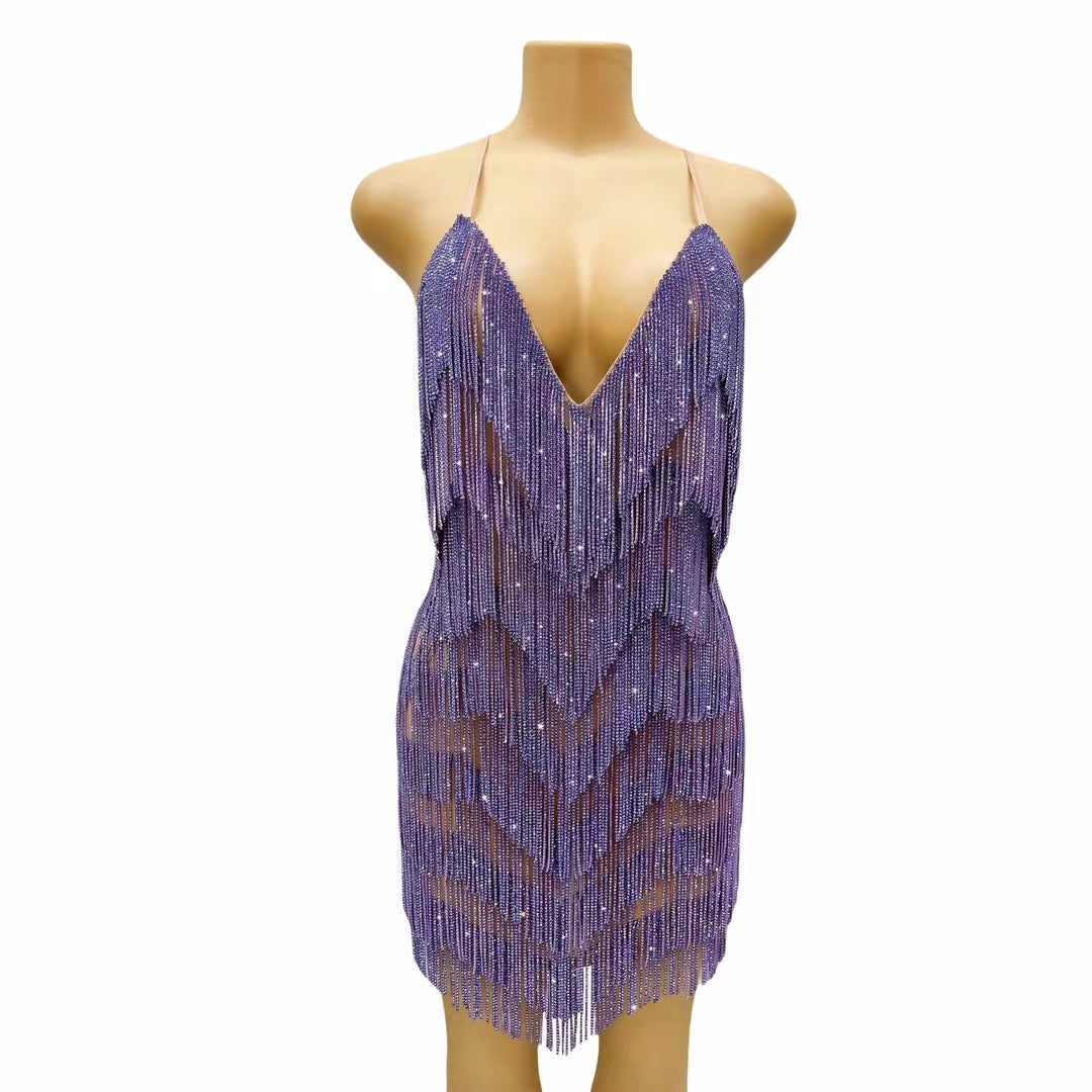 CELESINYI Tiaoyuan Crystal Purple Fringe Mini Dress