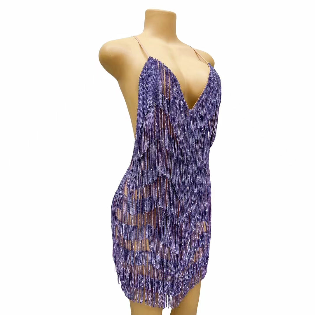CELESINYI Tiaoyuan Crystal Purple Fringe Mini Dress