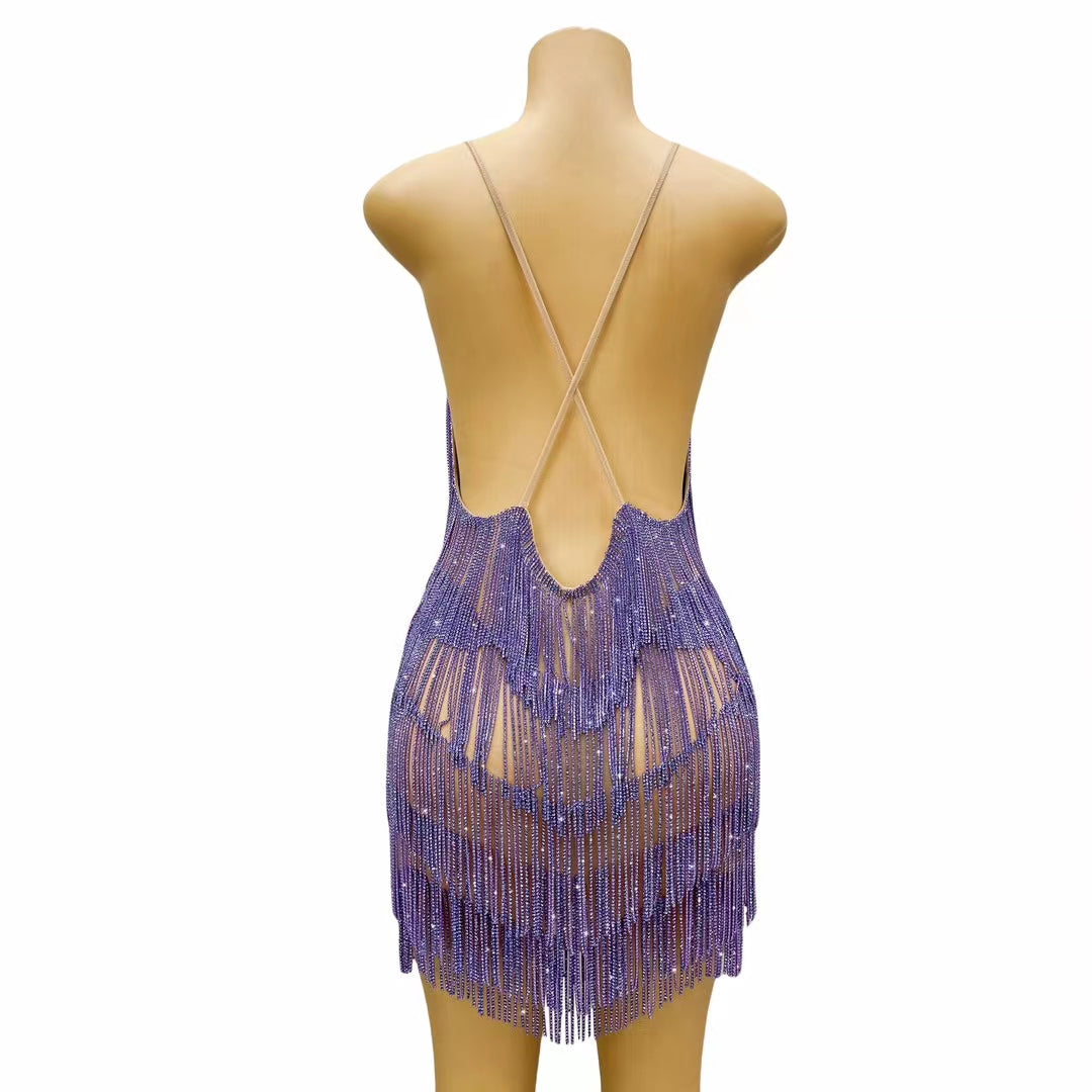 CELESINYI Tiaoyuan Crystal Purple Fringe Mini Dress