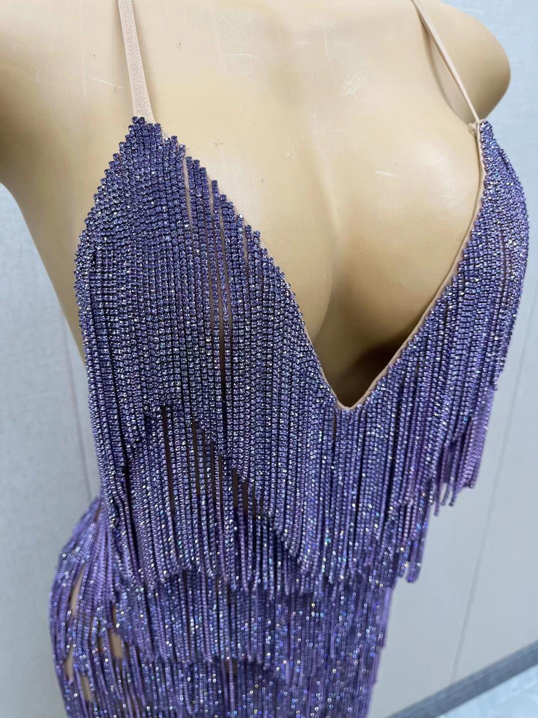 CELESINYI Tiaoyuan Crystal Purple Fringe Mini Dress