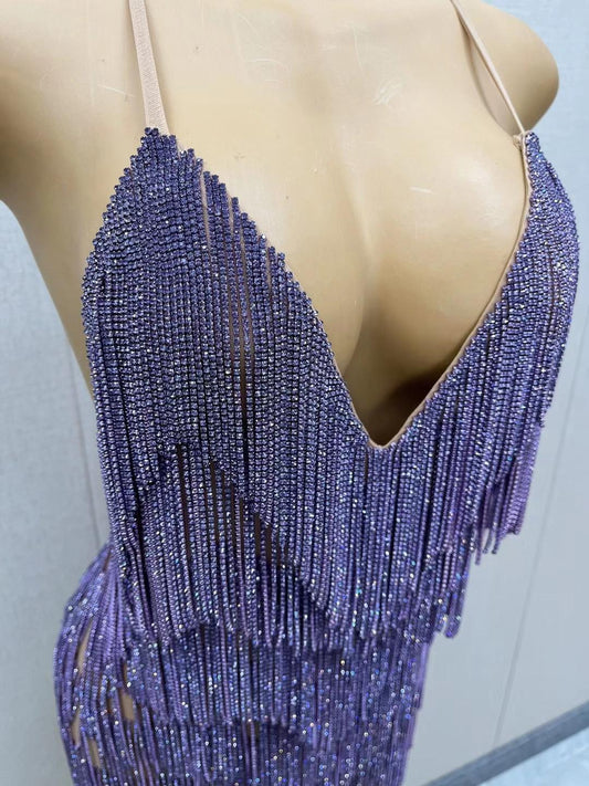 CELESINYI Tiaoyuan Crystal Purple Fringe Mini Dress