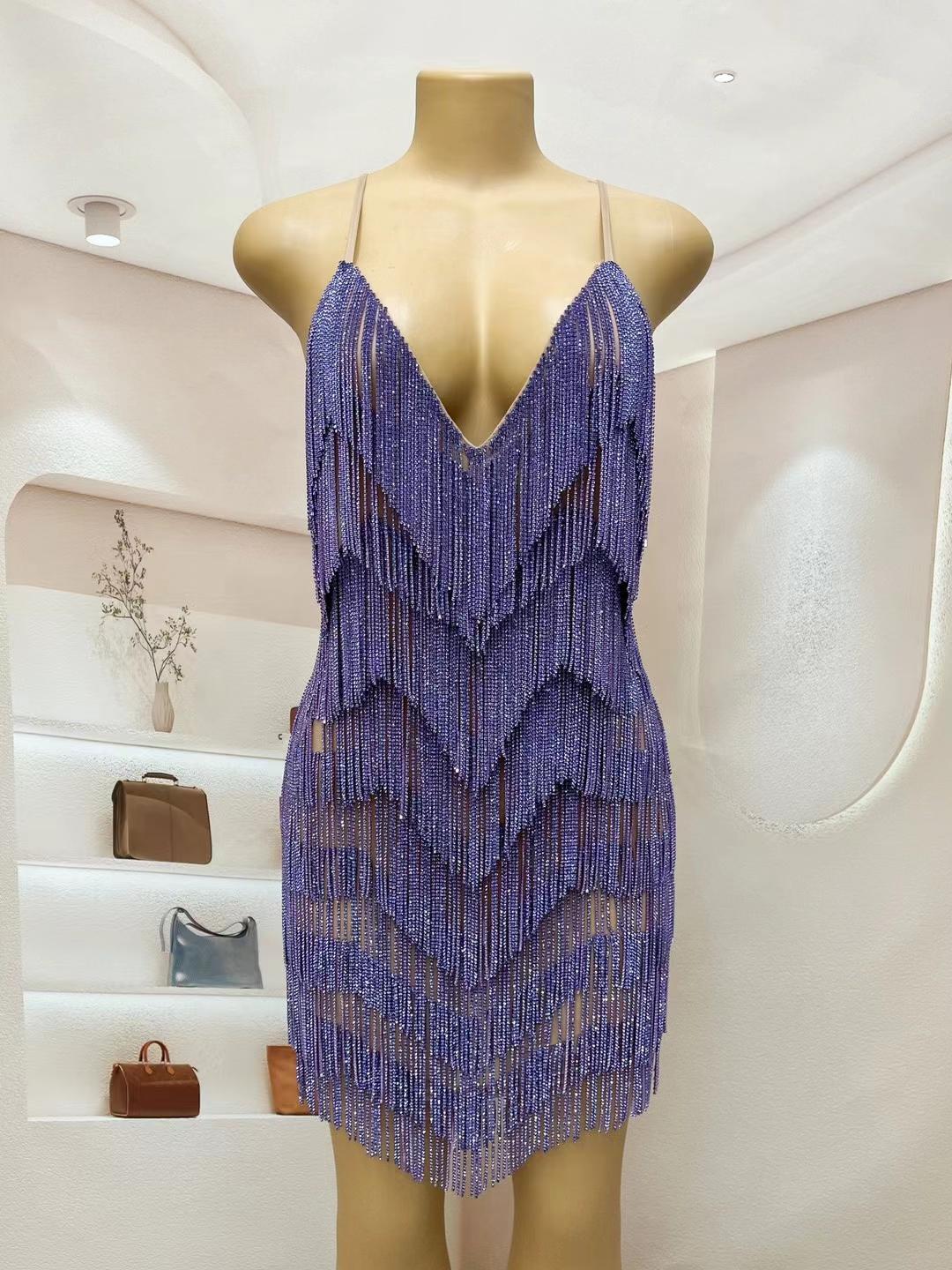 CELESINYI Tiaoyuan Crystal Purple Fringe Mini Dress