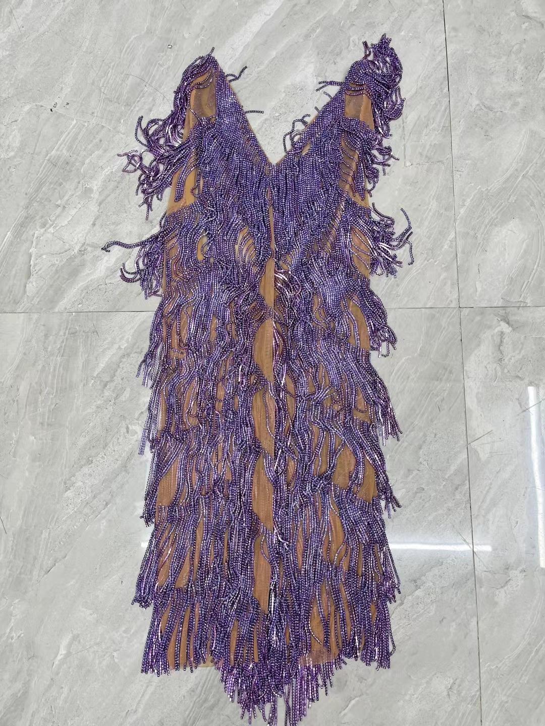 CELESINYI Tiaoyuan Crystal Purple Fringe Mini Dress