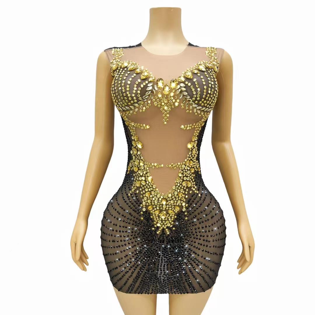 CELESINYI Chijin Crystal Gold Mini Dress