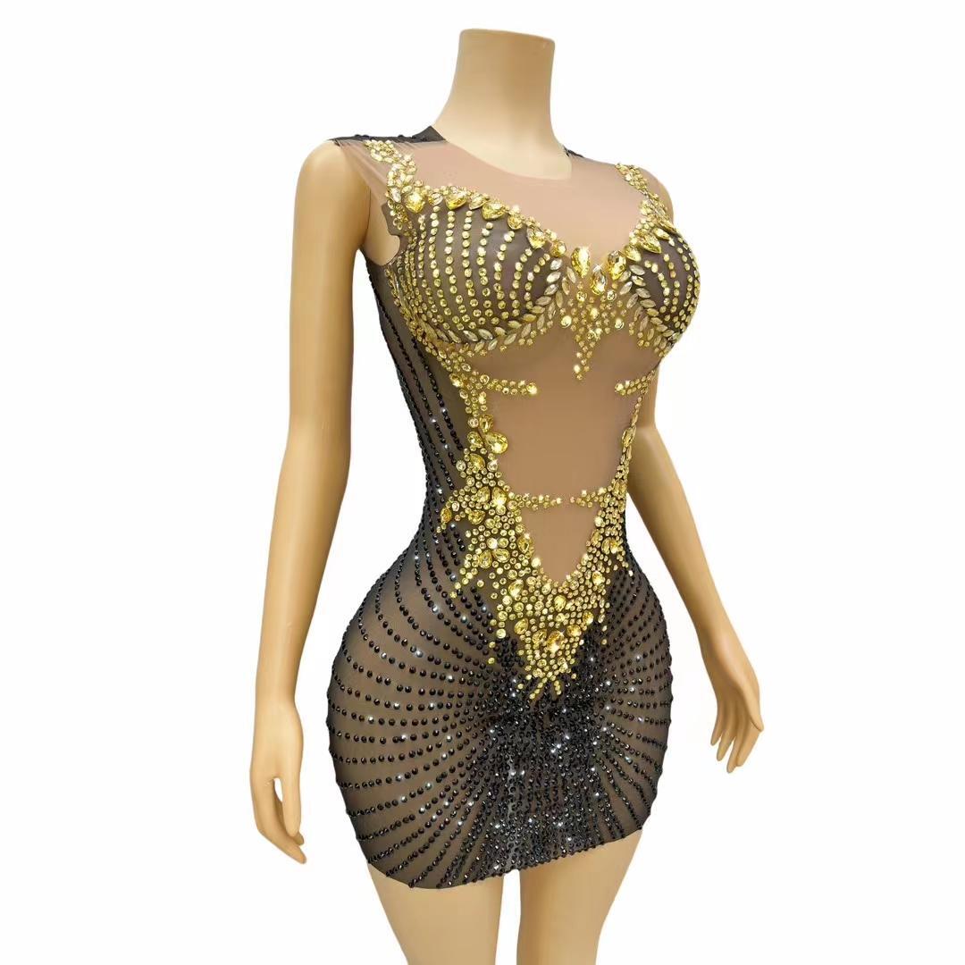 CELESINYI Chijin Crystal Gold Mini Dress