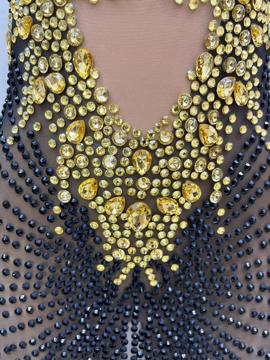 CELESINYI Chijin Crystal Gold Mini Dress