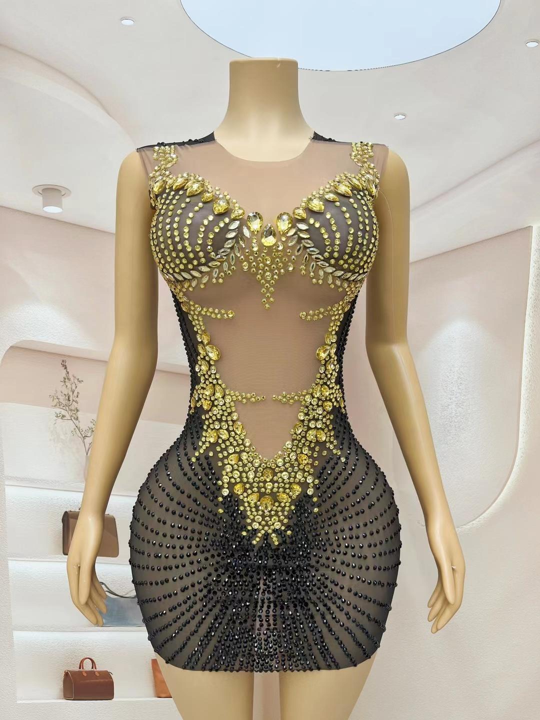 CELESINYI Chijin Crystal Gold Mini Dress
