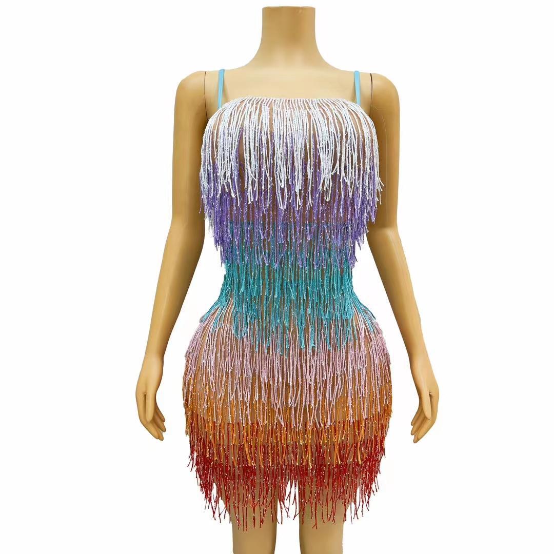 CELESINYI Wucailiusu Crystal Multi Fringe Mini Dress