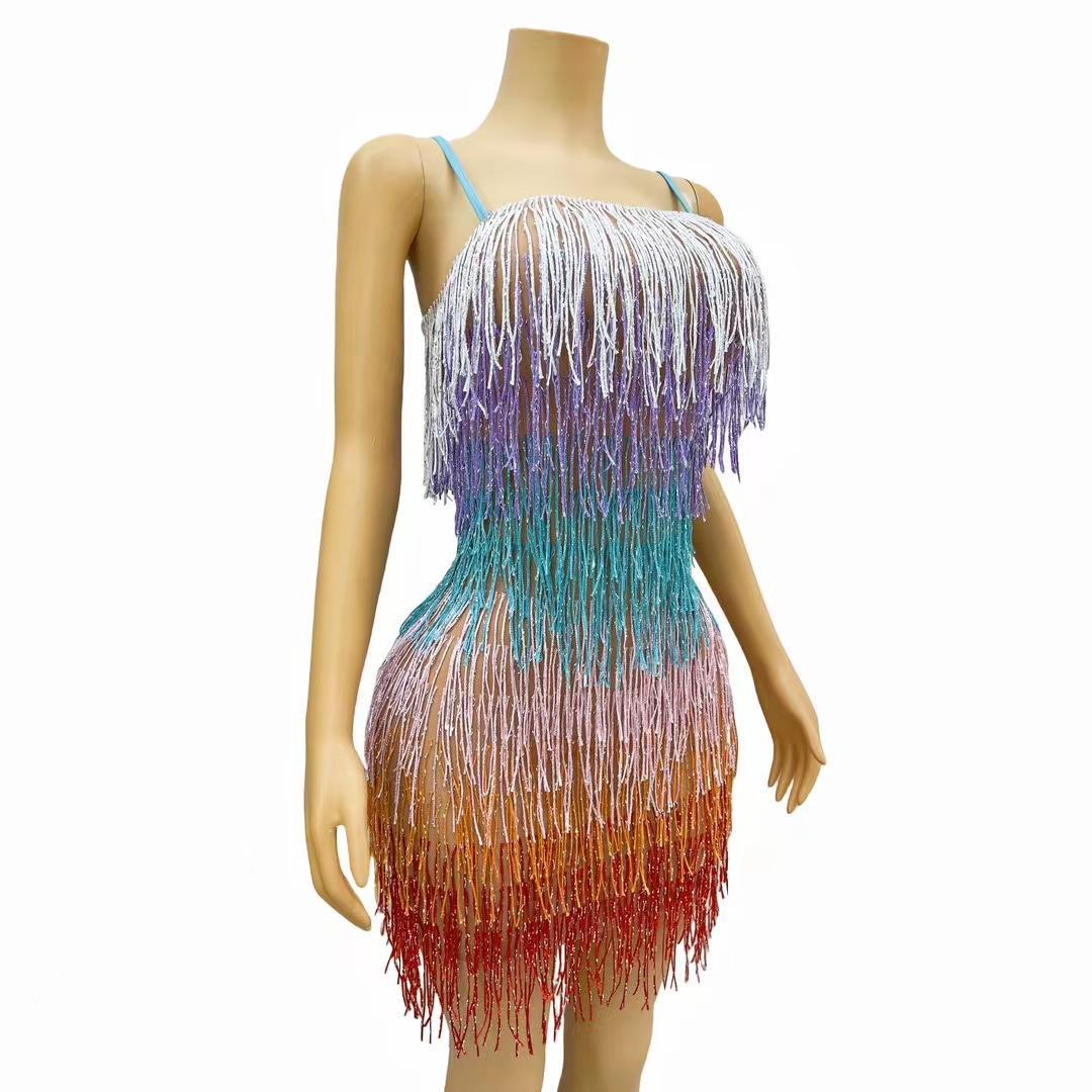 CELESINYI Wucailiusu Crystal Multi Fringe Mini Dress