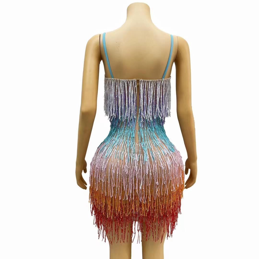 CELESINYI Wucailiusu Crystal Multi Fringe Mini Dress