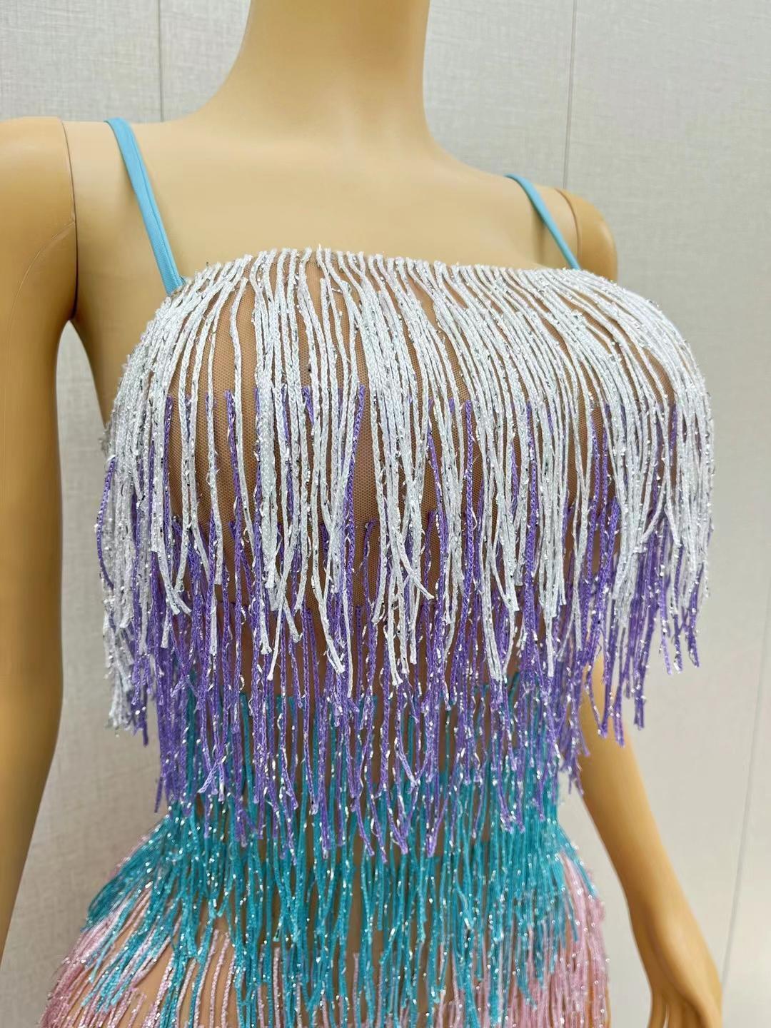 CELESINYI Wucailiusu Crystal Multi Fringe Mini Dress