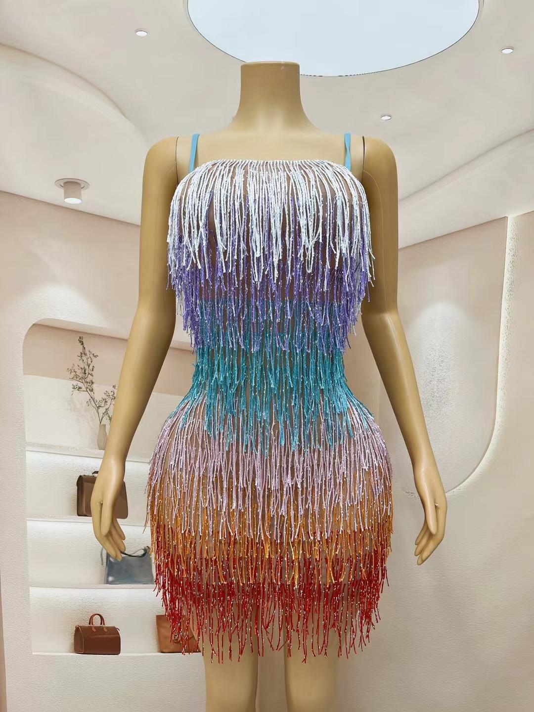 CELESINYI Wucailiusu Crystal Multi Fringe Mini Dress