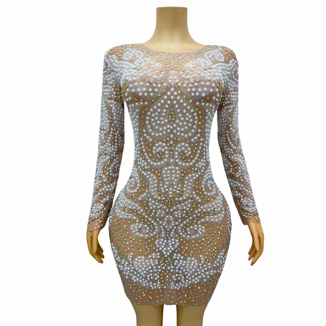 CELESINYI Baijie Crystal Pearl Naked Dress