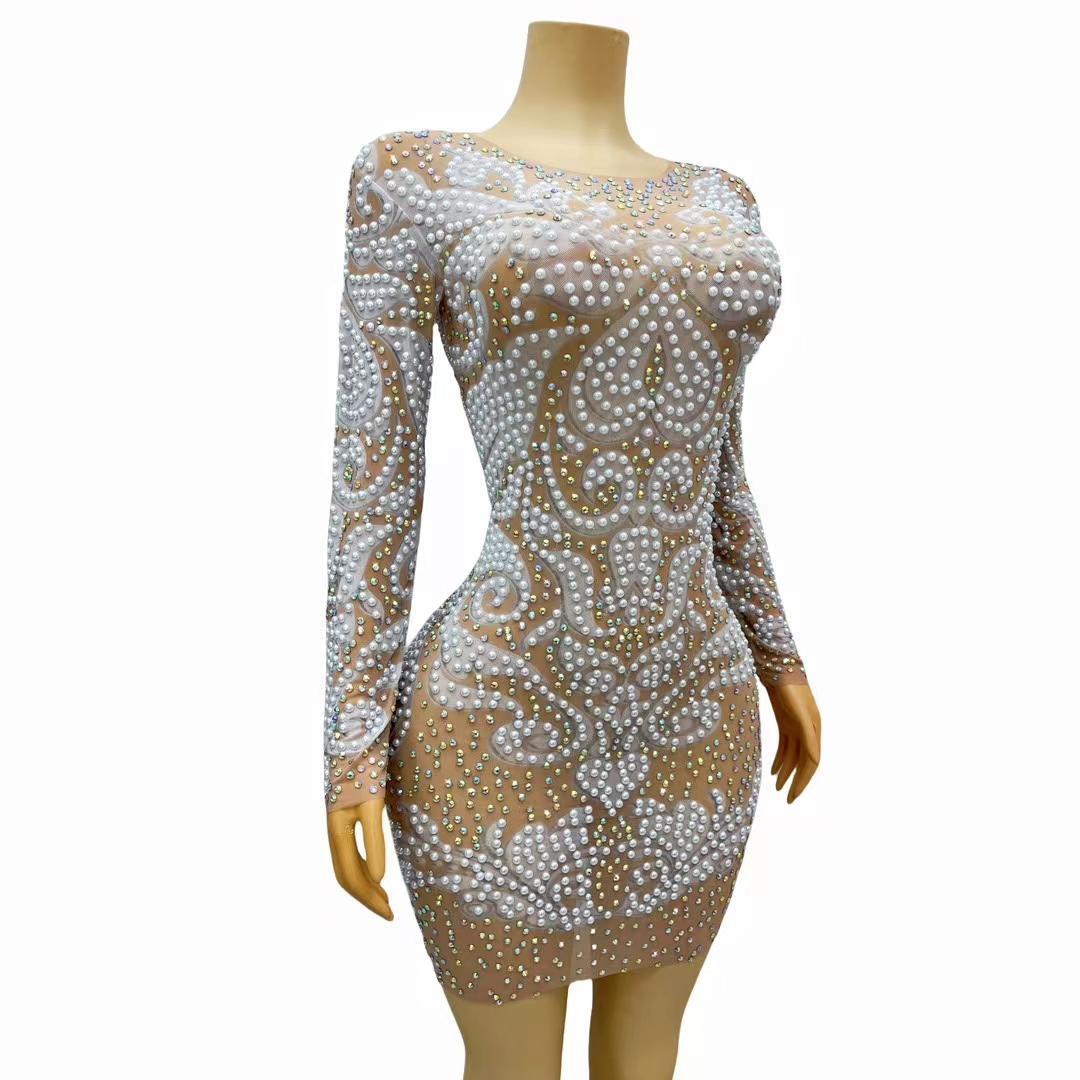 CELESINYI Baijie Crystal Pearl Naked Dress