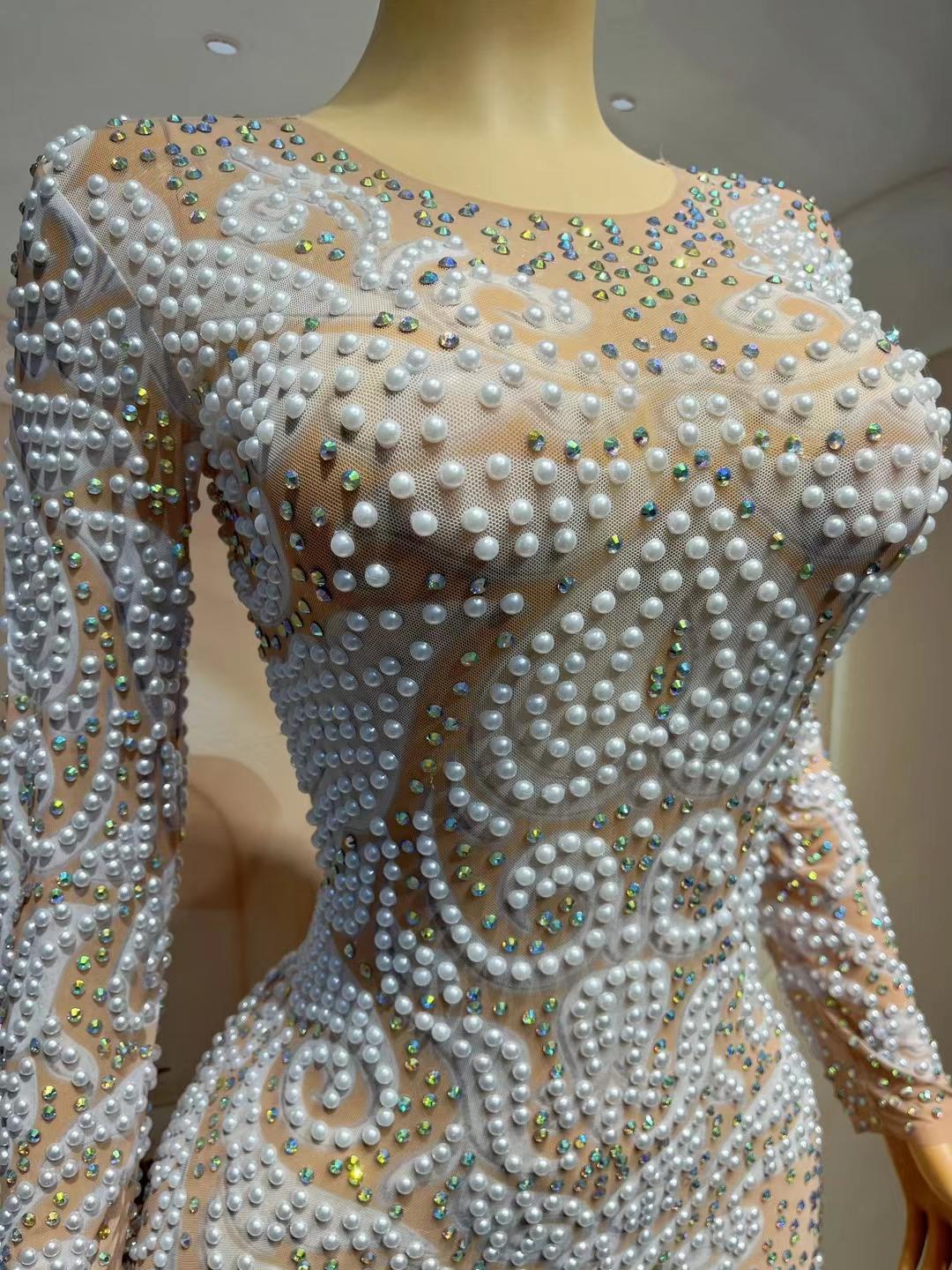 CELESINYI Baijie Crystal Pearl Naked Dress