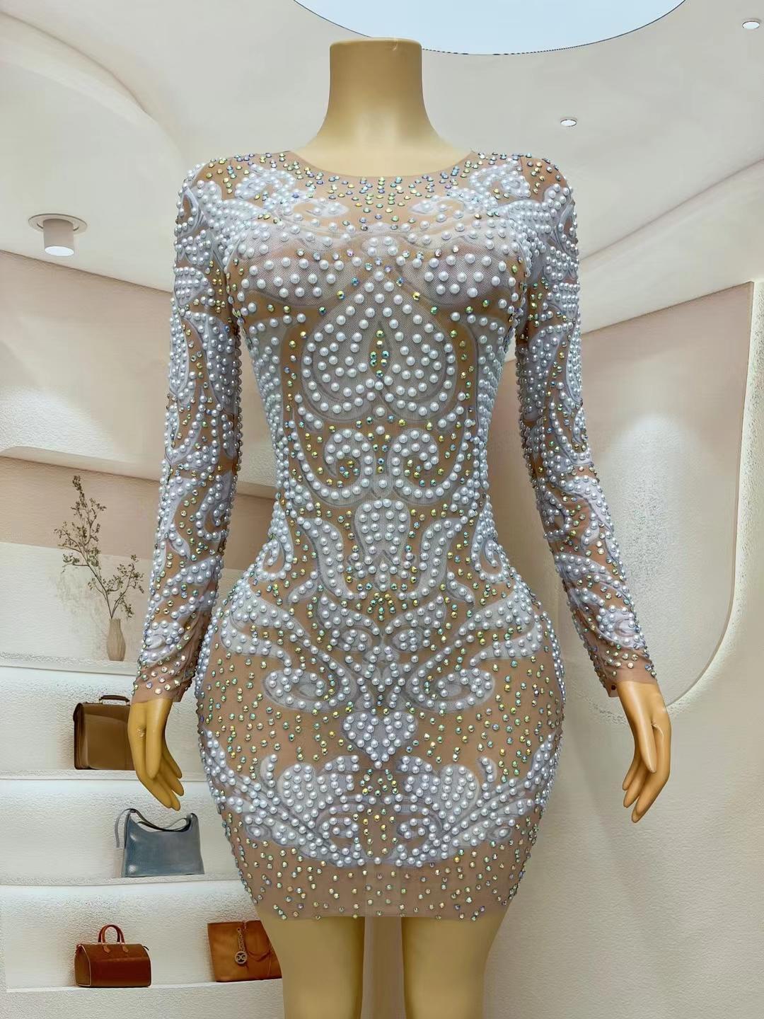CELESINYI Baijie Crystal Pearl Naked Dress