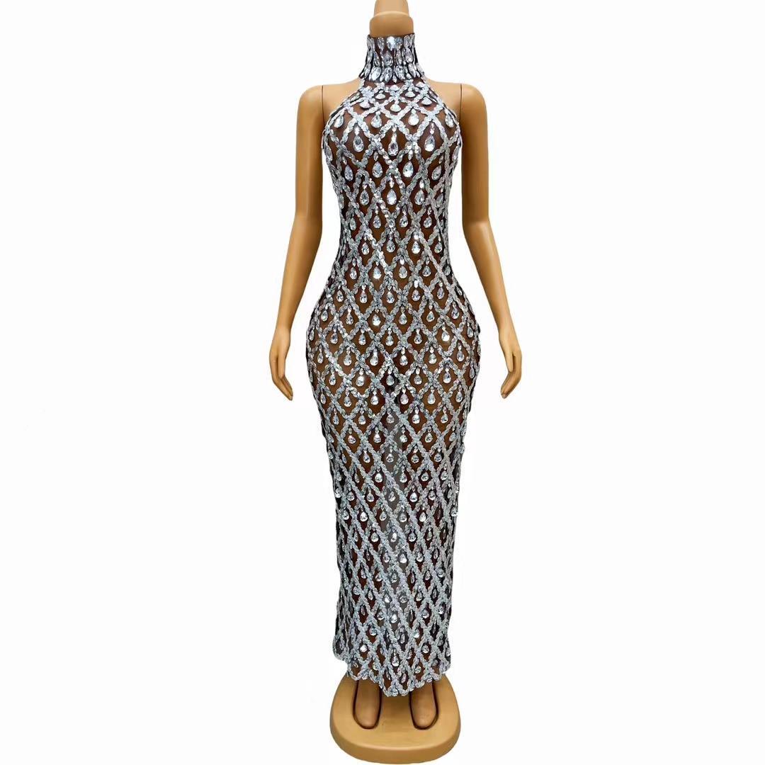 CELESINYI Shaokaojia Crystal Deep Skin Sleeveless Gown