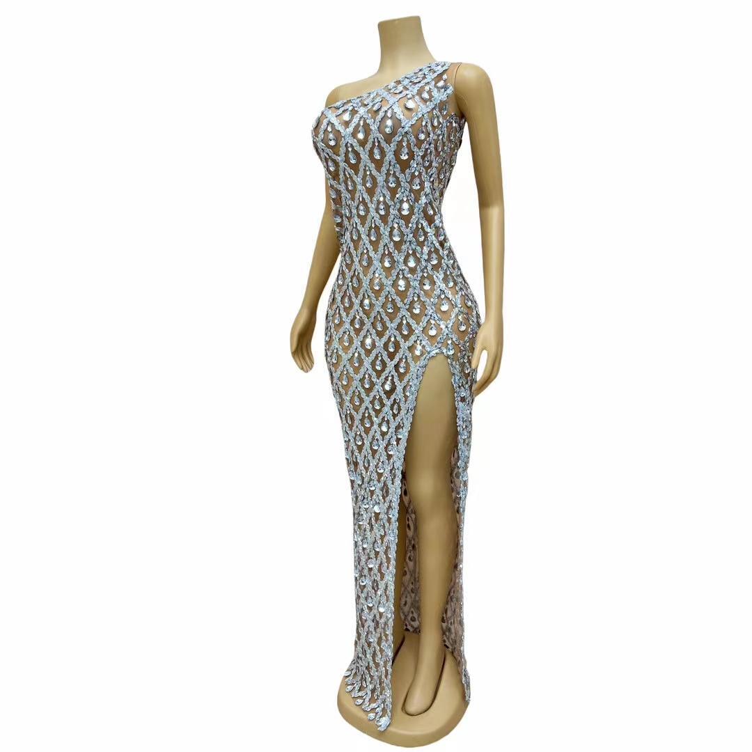 CELESINYI Shaokaojia Crystal One Shoulder Slit Gown