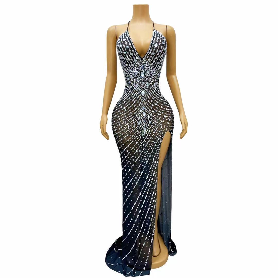 CELESINYI Yuehen Crystal Navy Slit Gown