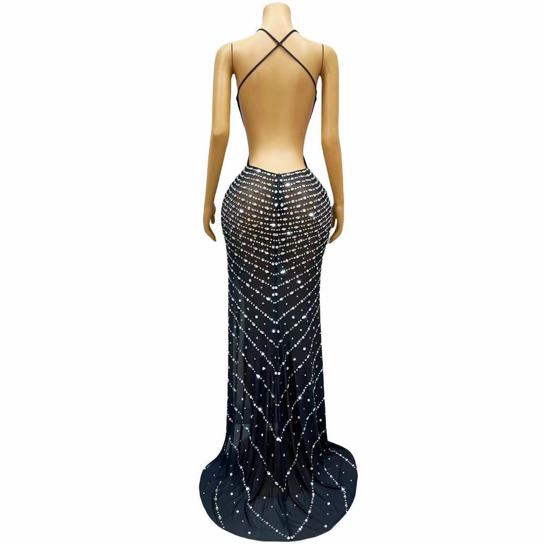 CELESINYI Yuehen Crystal Navy Slit Gown