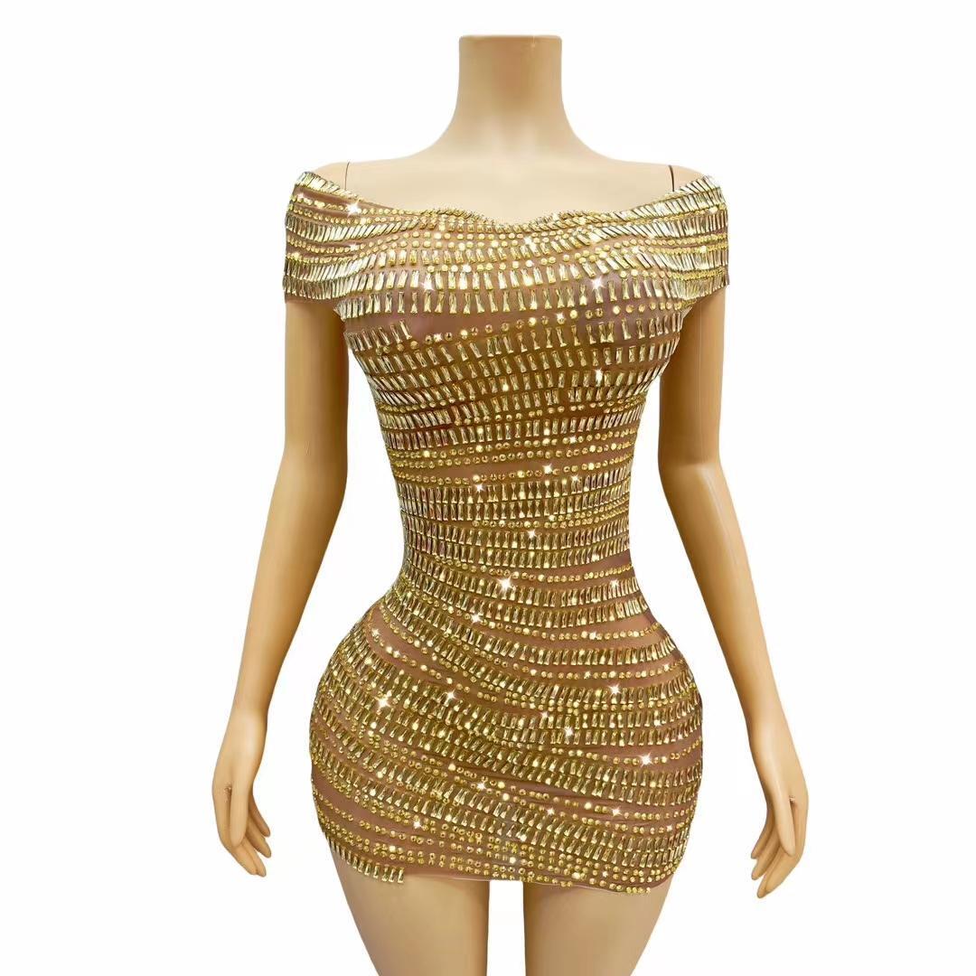 CELESINYI Gangsuo Crystal Gold Mini Dress