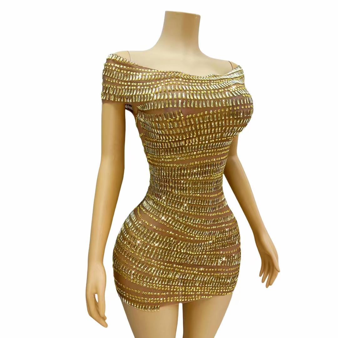 CELESINYI Gangsuo Crystal Gold Mini Dress