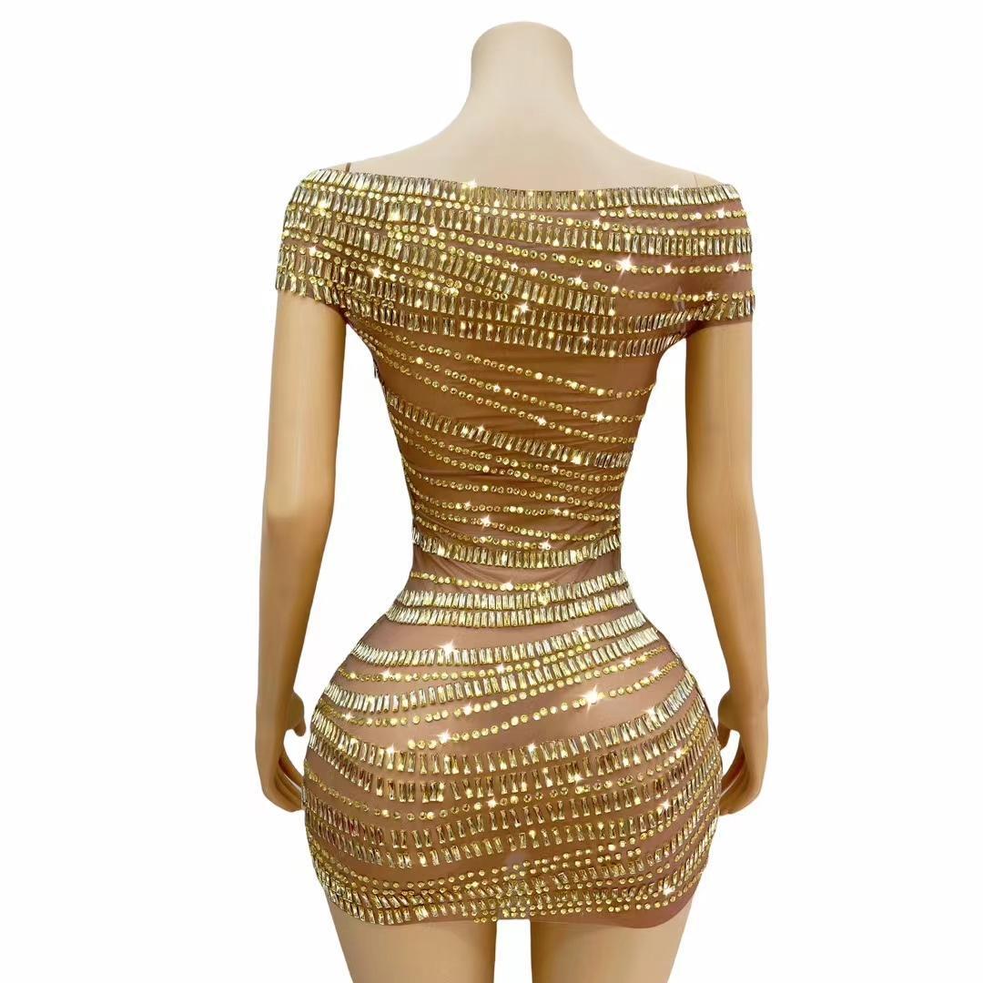 CELESINYI Gangsuo Crystal Gold Mini Dress