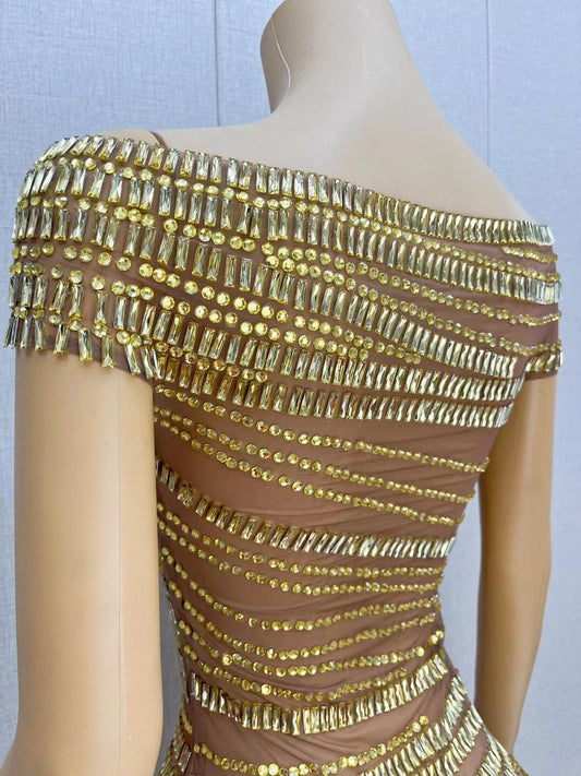 CELESINYI Gangsuo Crystal Gold Mini Dress