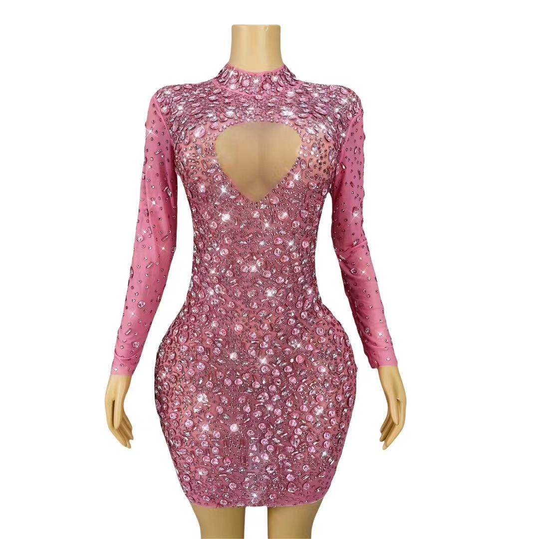 CELESINYI Cuican Crystal Pink Long Sleeve Mini Dress