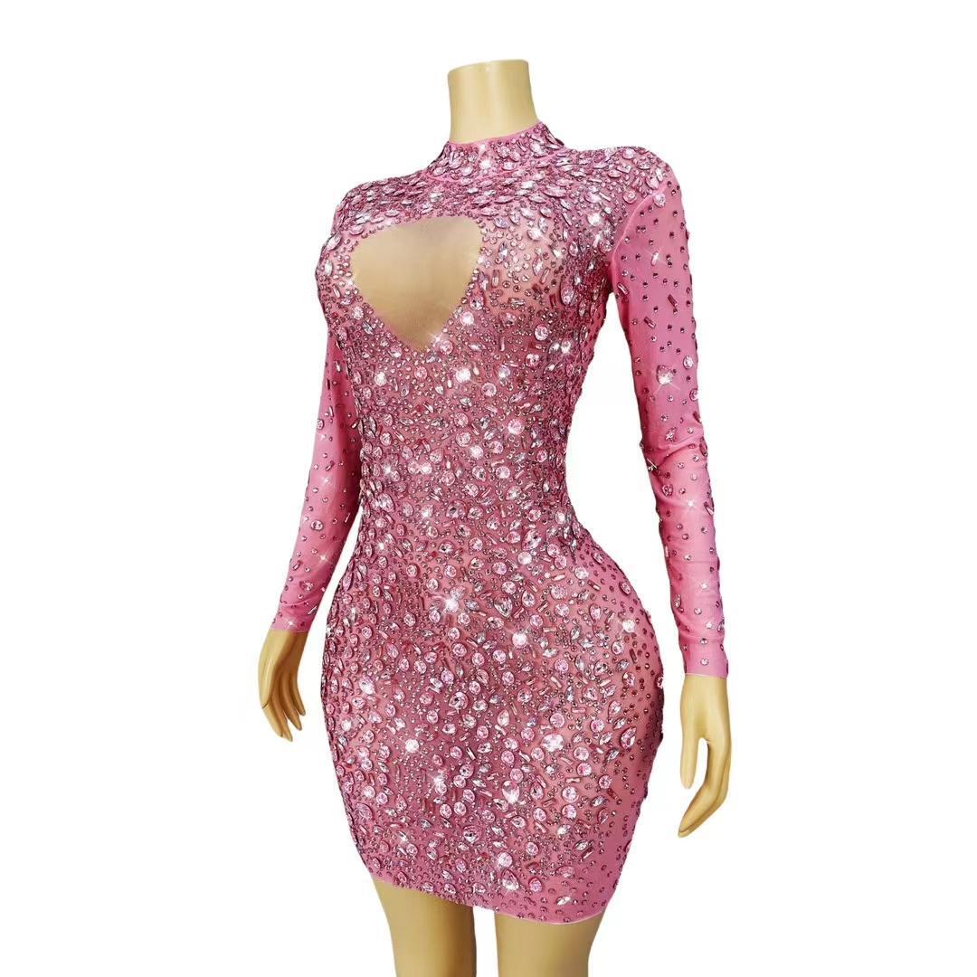CELESINYI Cuican Crystal Pink Long Sleeve Mini Dress