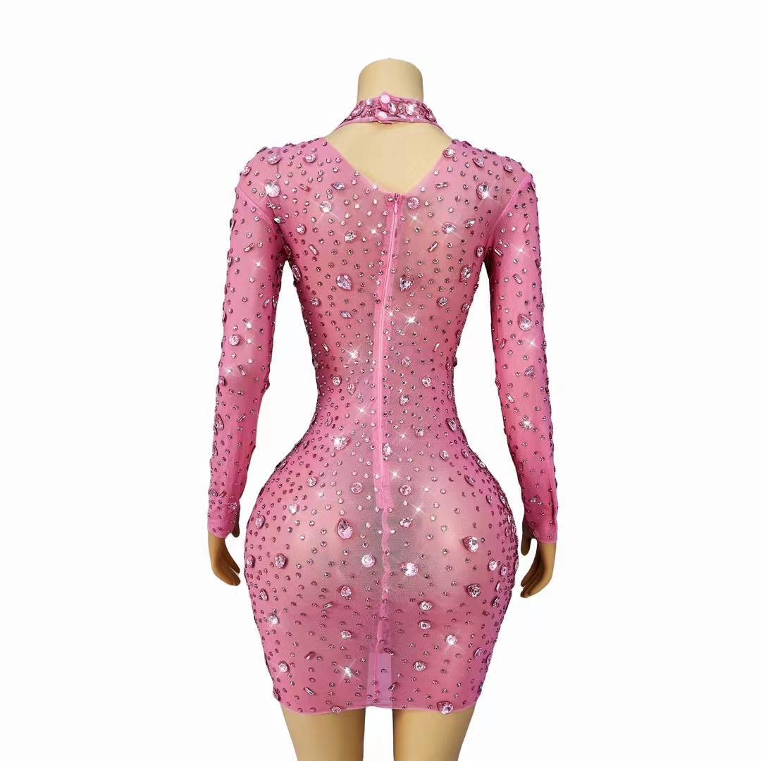 CELESINYI Cuican Crystal Pink Long Sleeve Mini Dress